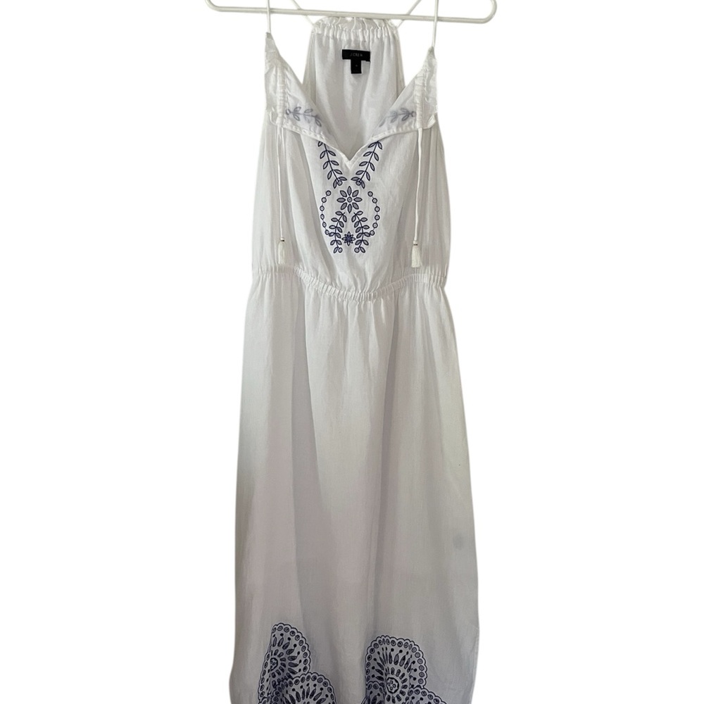 J Crew Sz 0 White Maxi Dress with Navy Embroidery